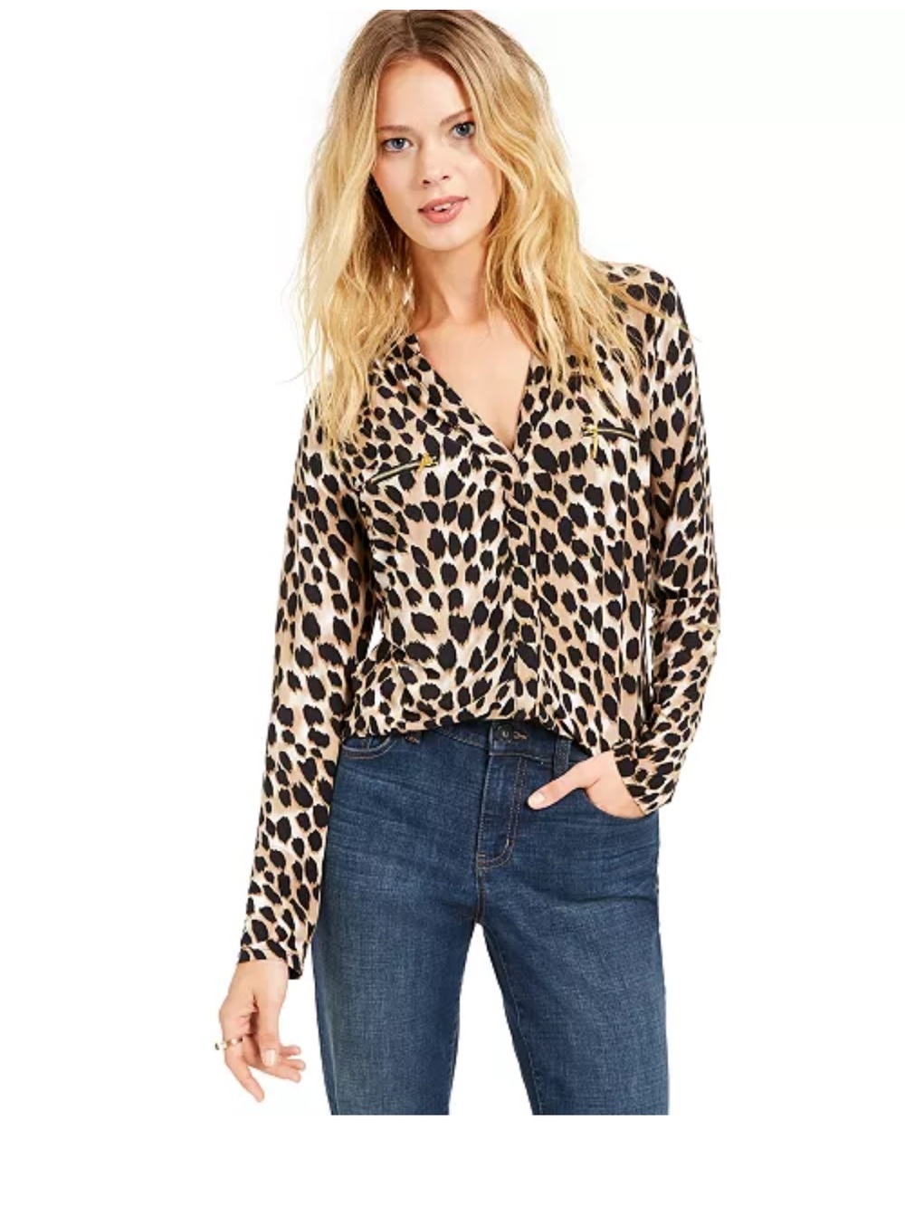 Animal Print Long-Sleeve V-Neck Women's Blouse - Tan/Black M